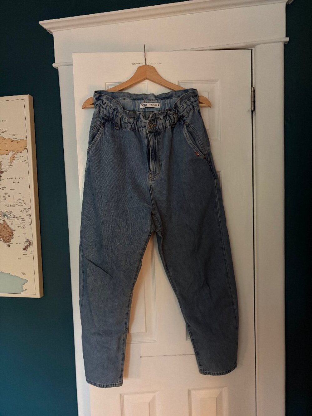 Zara Paperbag Waist Balloon Leg Mom Jeans High Rise Medium Wash Slouchy Size 6